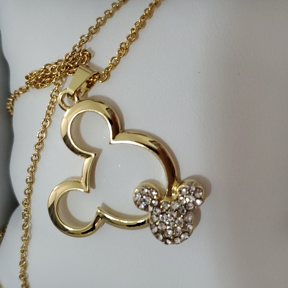 Gold & Diamond CZ Crystal Mickey Mouse Ears Pendant Necklace